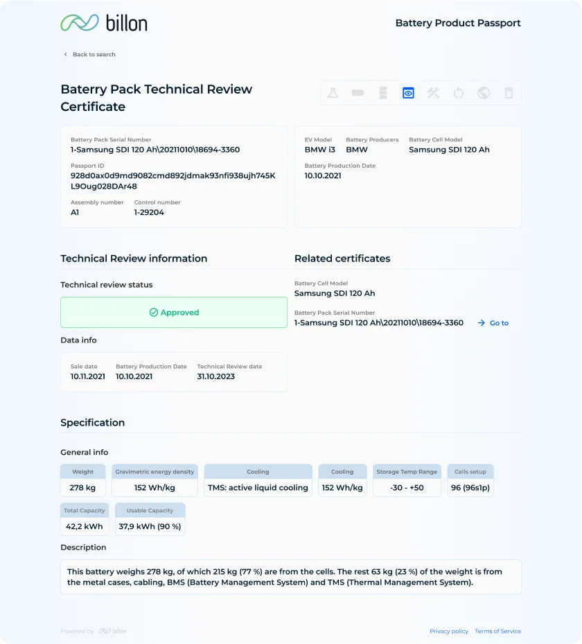 Product Passport cell quality standards certificate