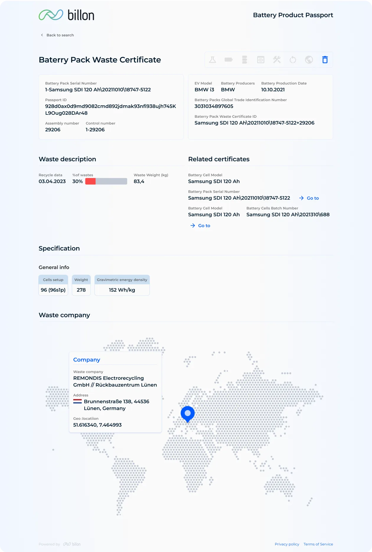 Product Passport certificate search engine interface