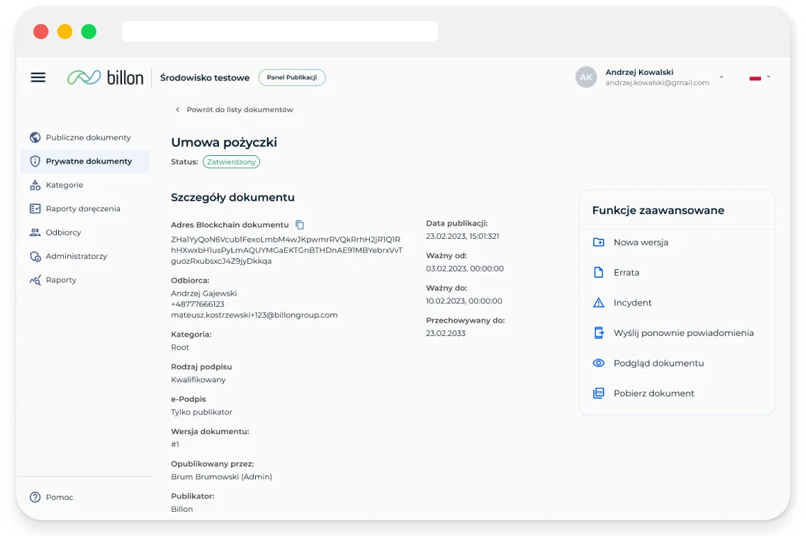 Billon document list management view