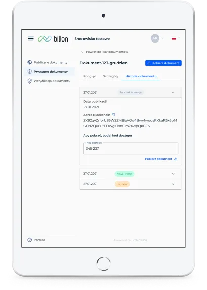 Billon iPad settings interface