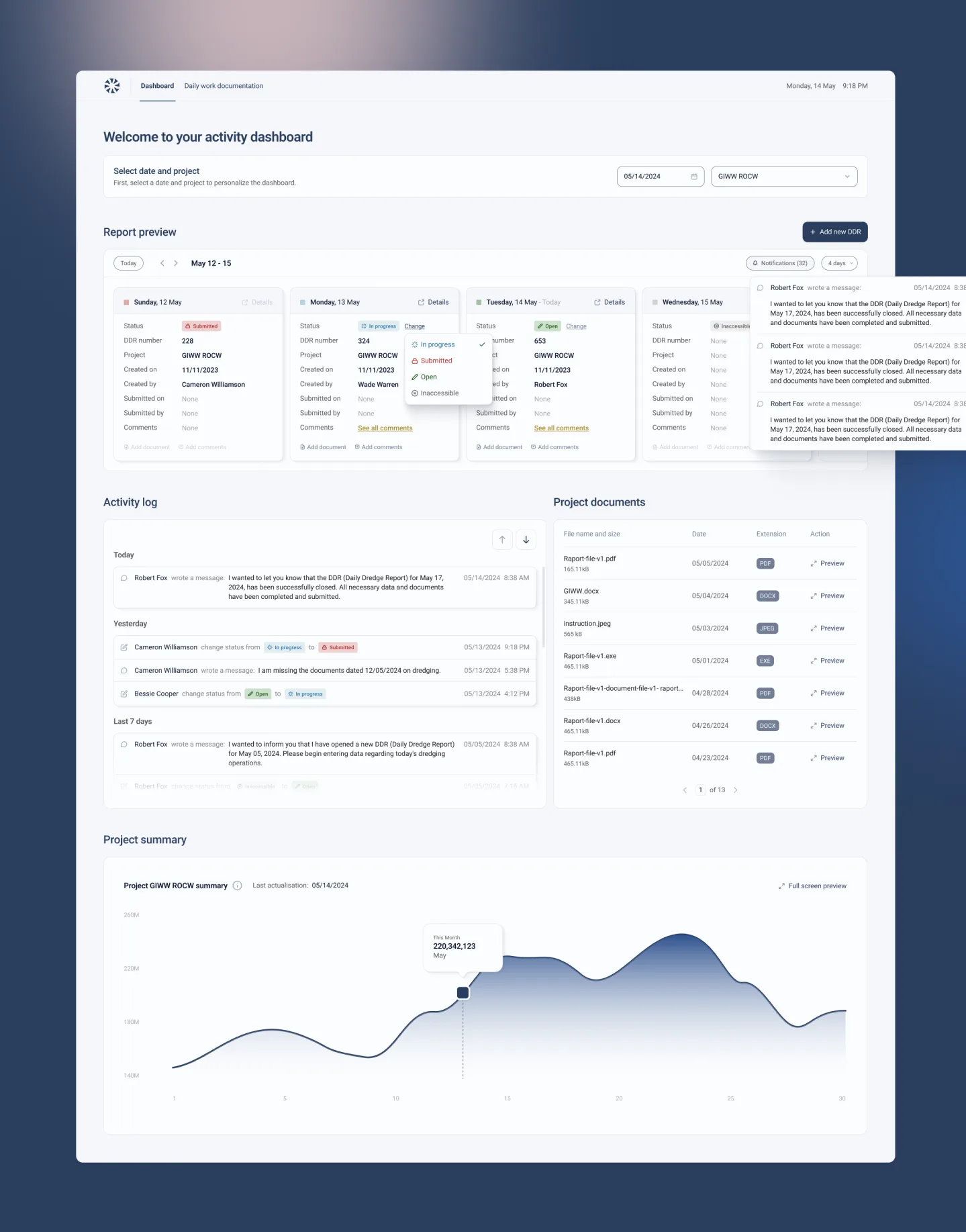 Dredging Operations app interface showcase