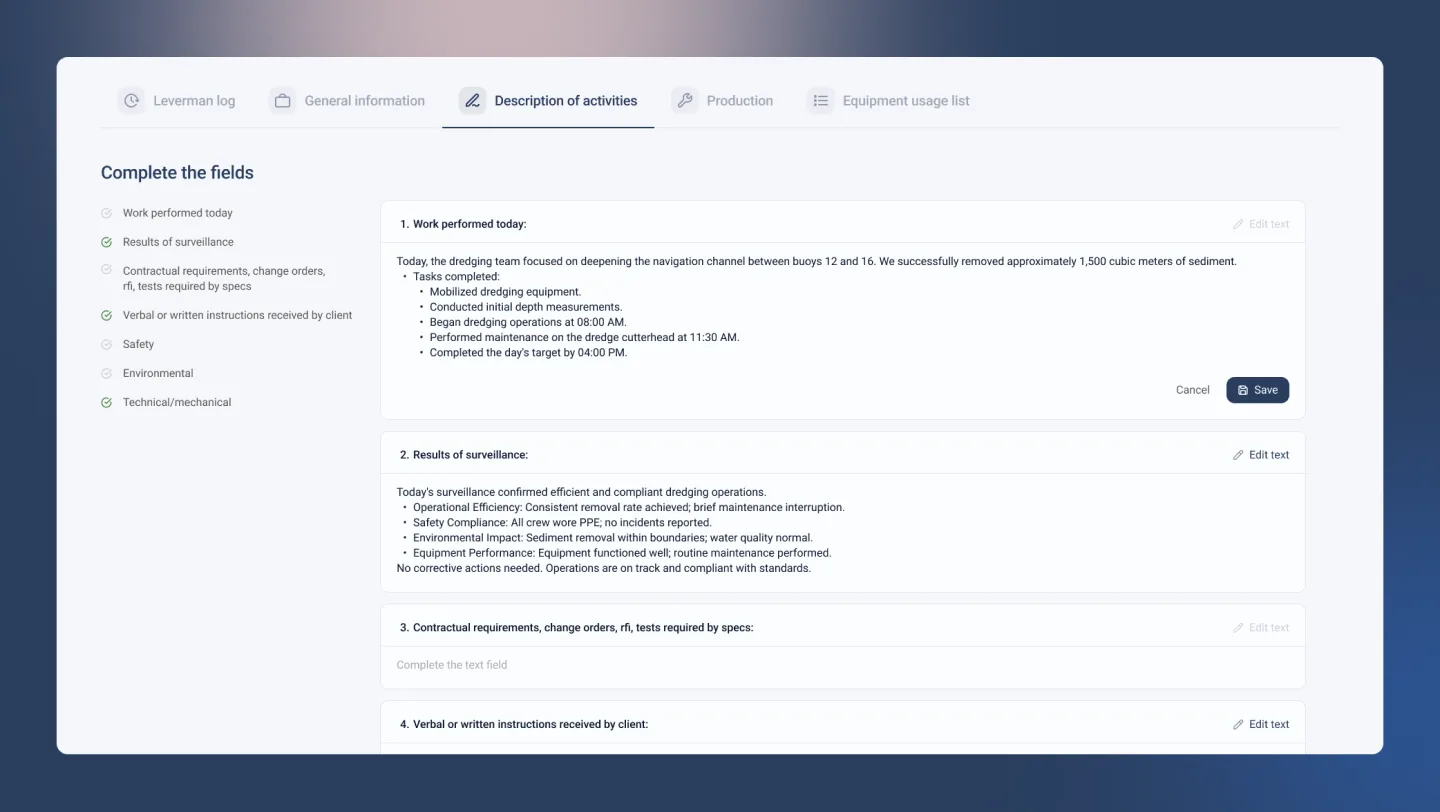 Dredging Operations data management dashboard