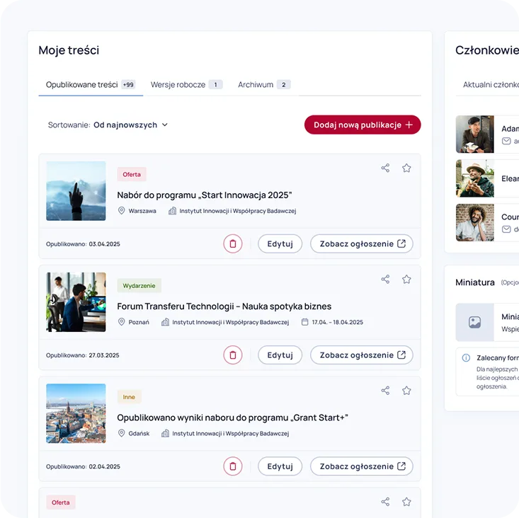Pirxey platform announcements and events screen