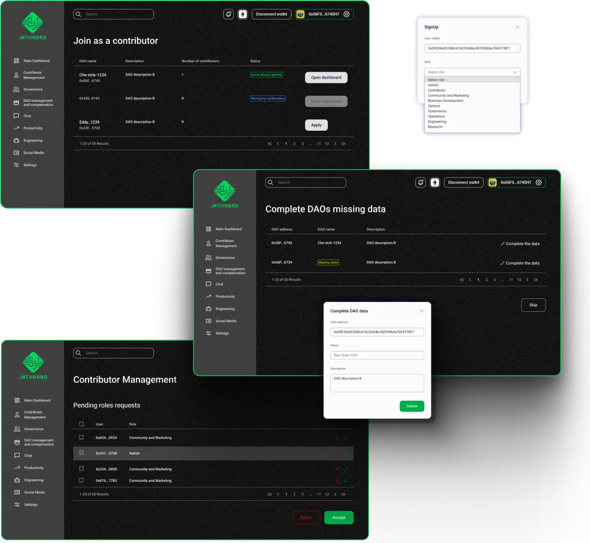 MTHRBRD DAO dashboard screen design